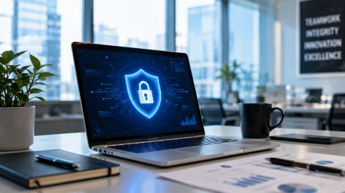 Laptop screen displaying a digital security shield in a modern office setting representing cyber liability insurance
