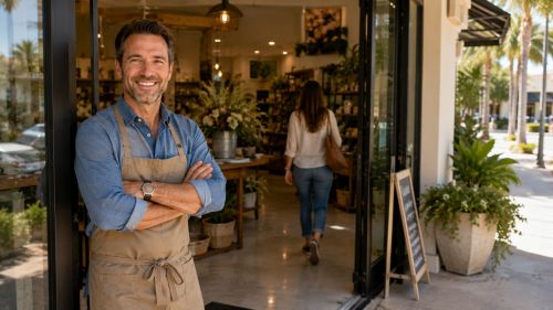 Commercial business owner ready to welcome a client outside a Florida retail storefront representing general liability insurance coverage