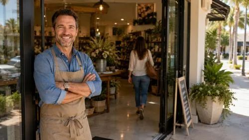 Commercial business owner ready to welcome a client outside a Florida retail storefront representing general liability insurance coverage