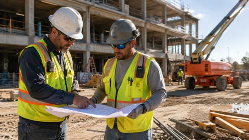 Construction workers in safety gear reviewing blueprints on a Florida jobsite representing workers compensation insurance