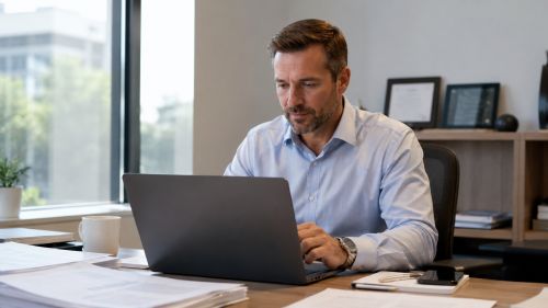 Business professional reviewing work on a laptop in a sunlit office representing professional liability and E&O insurance